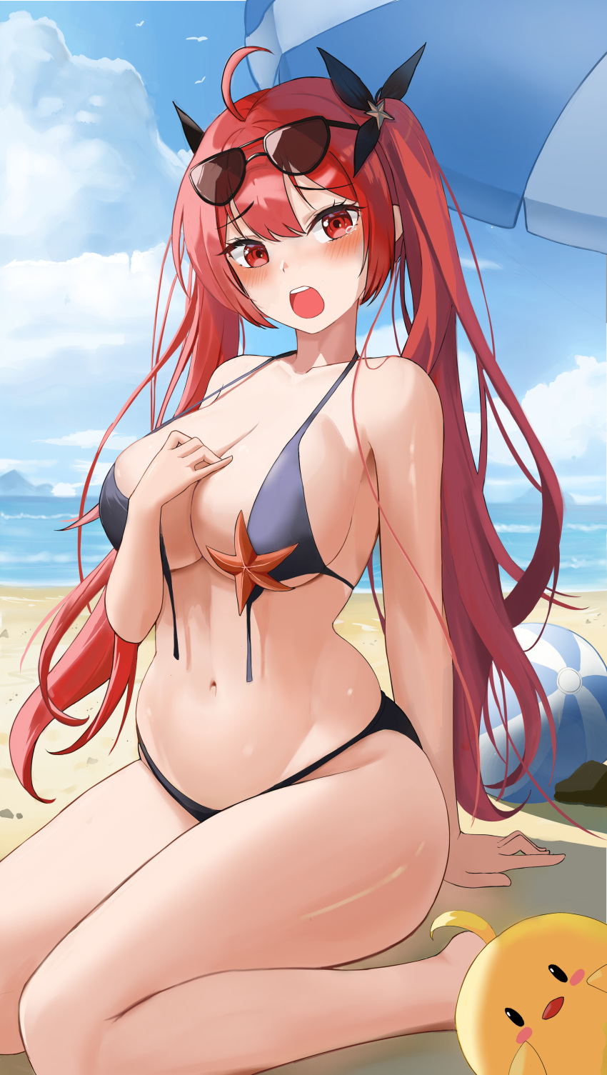 1girl absurdres azur_lane beach bikini black_bikini blush breasts cleavage covered_nipples day highres honolulu_(azur_lane) honolulu_(summer_accident?!)_(azur_lane) kneeling large_breasts manjuu_(azur_lane) mozz1_hozzi navel official_alternate_costume outdoors red_eyes red_hair sitting solo starfish surprised swimsuit untied untied_bikini