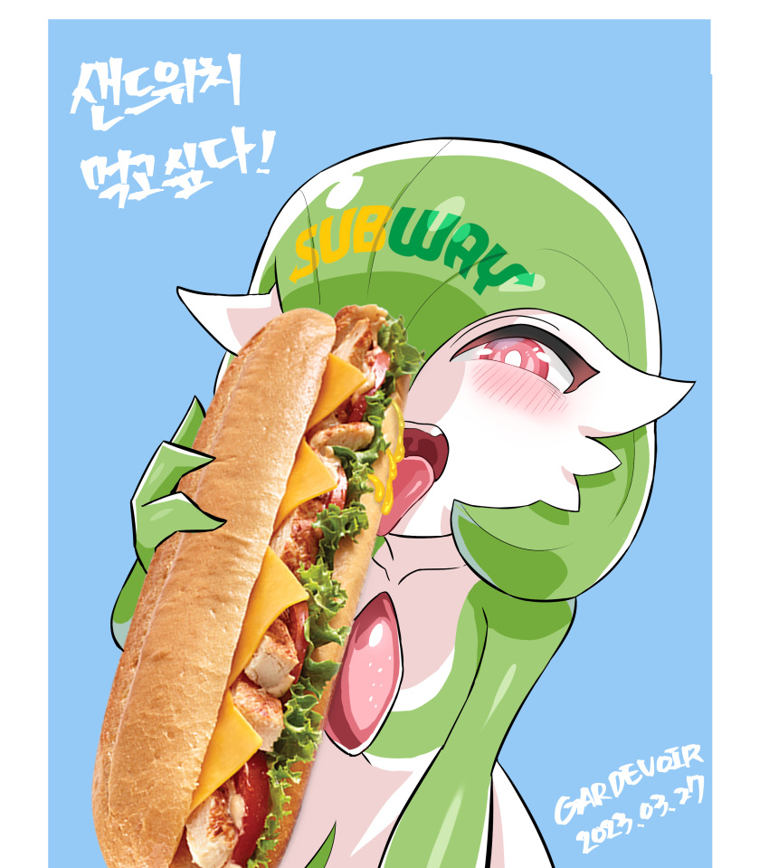 absurd_res anthro blush ddingyong duo food gardevoir generation_3_pokemon hi_res nintendo pokemon pokemon_(species) sandwich_(food) simple_background subway_(restaurant) suggestive tongue tongue_out