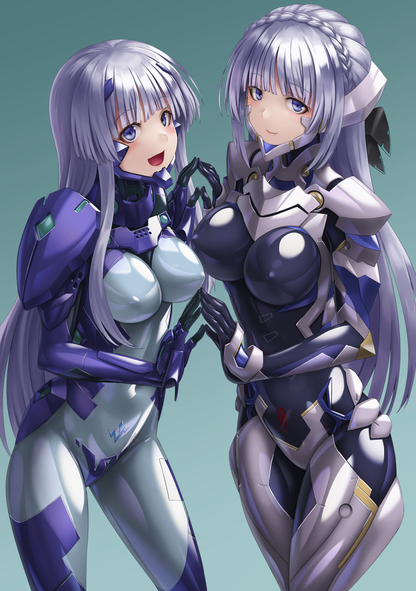 2girls black_bodysuit blue_bodysuit blue_eyes bodysuit covered_navel covered_nipples cryska_barchenowa fortified_suit grey_hair highres impossible_bodysuit impossible_clothes inia_sestina kurione_(zassou) long_hair looking_at_viewer multiple_girls muvluv muvluv_alternative muvluv_total_eclipse pilot_suit skin_tight