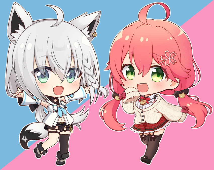 2girls ahoge animal_ear_fluff animal_ears armpits bell black_footwear black_shorts black_thighhighs blue_background blue_neckerchief blush braid chibi commentary_request detached_sleeves double_fox_shadow_puppet earrings fox_ears fox_girl fox_shadow_puppet fox_tail garter_straps green_eyes hair_between_eyes hair_ornament hairclip highres hololive hood hoodie jewelry jingle_bell long_hair looking_at_viewer midriff multiple_girls navel neckerchief open_mouth ousawa_kanata outstretched_arms pentagram pink_background pink_hair red_skirt sakura_miko shirakami_fubuki shirt short_shorts shorts sidelocks simple_background single_braid single_thighhigh skirt sweater_vest tail thigh_strap thighhighs twintails virtual_youtuber white_hair white_hoodie white_shirt