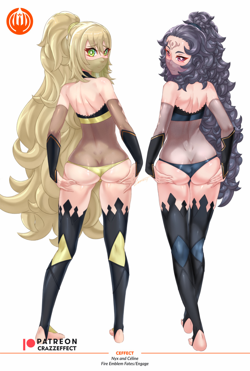 2girls artist_name ass ass_grab ass_support back bare_shoulders black_hair blonde_hair bodystocking butt_crack celine_(fire_emblem) character_name copyright_name cosplay crazzeffect detached_sleeves facial_mark fire_emblem fire_emblem_engage fire_emblem_fates forehead_mark from_behind full_body grabbing_own_ass green_eyes hands_on_ass hands_on_own_ass highres long_hair looking_at_viewer looking_back multiple_girls nyx_(fire_emblem) ponytail red_eyes see-through simple_background smile thighhighs veil very_long_hair wavy_hair white_background