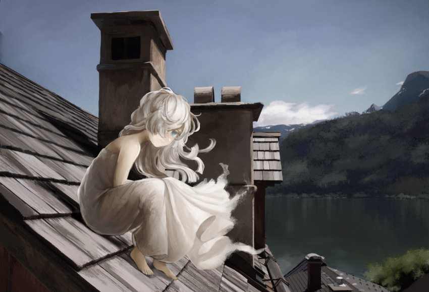 1girl barefoot blue_eyes blue_sky blush chimney commentary_request day dress fantasy floating_hair foliage from_side full_body hair_over_one_eye highres ito_(silva) knees_up lake long_hair looking_at_viewer looking_to_the_side mountainous_horizon on_roof one_eye_covered original outdoors scenery sitting sitting_on_roof sky smile solo strapless strapless_dress tile_roof white_dress white_hair wind