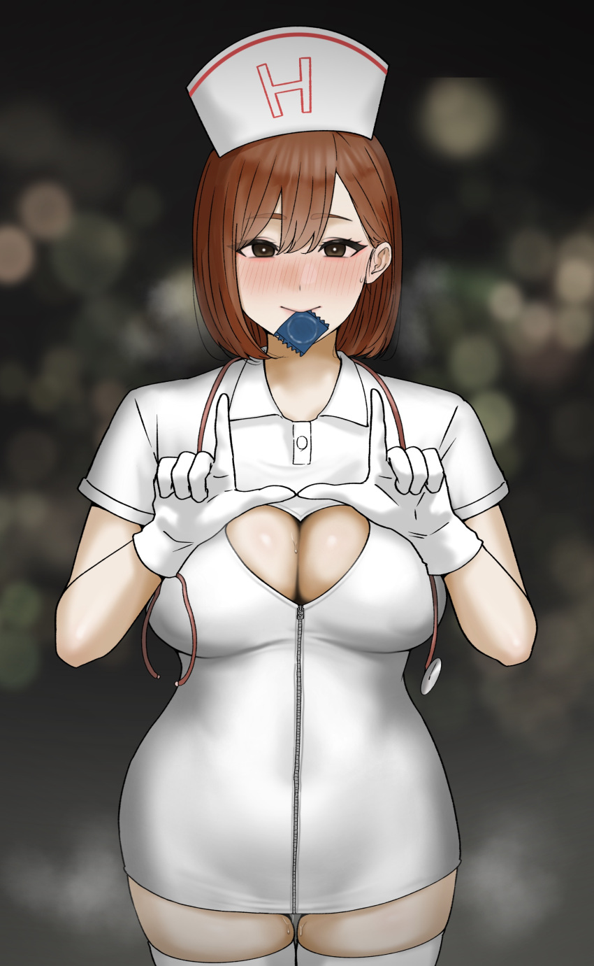 1girl absurdres black_eyes blush breasts brown_hair cleavage condom condom_in_mouth condom_wrapper gloves hat highres looking_at_viewer mouth_hold nurse_cap original short_hair smile solo stethoscope tantanmen72 thighhighs white_gloves white_thighhighs zettai_ryouiki