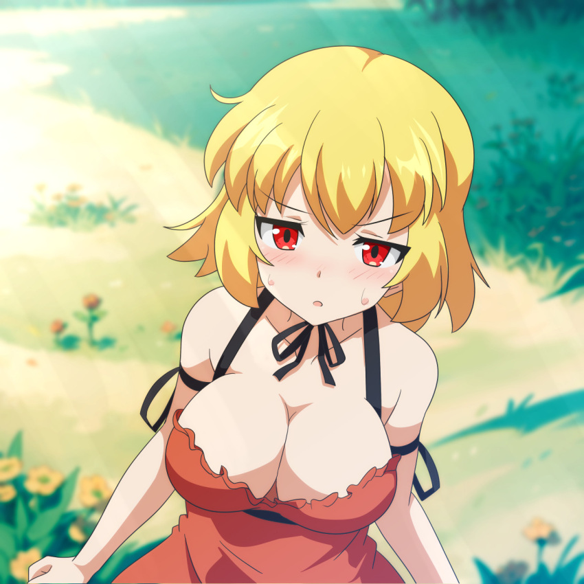 1girl aki_minoriko bare_shoulders blonde_hair blurry blurry_background breasts cato_(monocatienus) collarbone dutch_angle from_above glass highres large_breasts outdoors red_eyes solo touhou