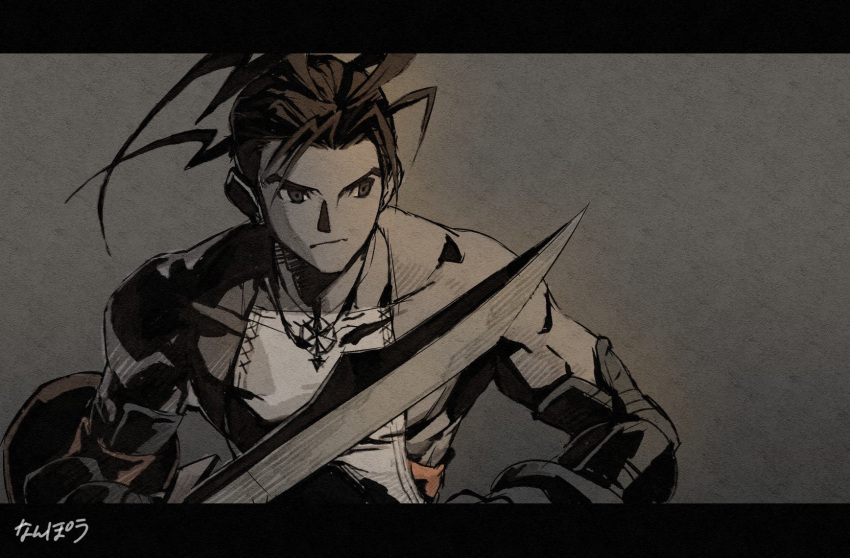 1boy armor ashley_riot brown_hair closed_mouth gloves greyscale highres holding holding_sword holding_weapon letterboxed male_focus medium_hair monochrome nanpou_(nanpou0021) shield simple_background solo sword upper_body vagrant_story weapon