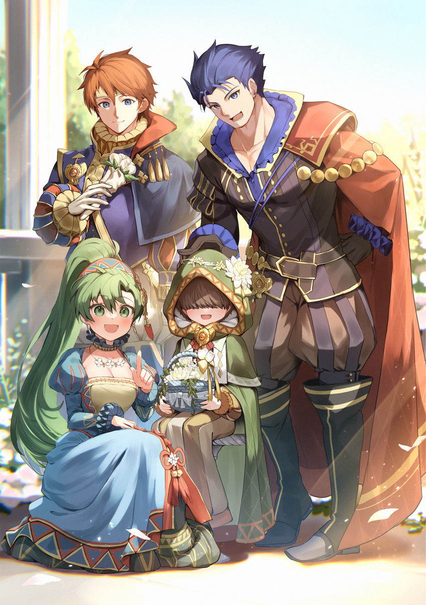 1girl 1other 2boys aged_down basket blue_dress blue_eyes blue_hair bouquet breasts brown_hair cape cleavage dress eliwood_(fire_emblem) eliwood_(valentine)_(fire_emblem) fire_emblem fire_emblem:_the_blazing_blade fire_emblem_heroes flower green_eyes green_hair hand_on_another's_head hector_(fire_emblem) hector_(valentine)_(fire_emblem) highres holding holding_basket holding_bouquet hood kneeling large_breasts long_hair looking_at_viewer lyn_(fire_emblem) lyn_(valentine)_(fire_emblem) mark_(fire_emblem:_the_blazing_blade) multiple_boys nakabayashi_zun no_eyes official_alternate_costume ponytail red_cape red_hair sitting smile spread_legs