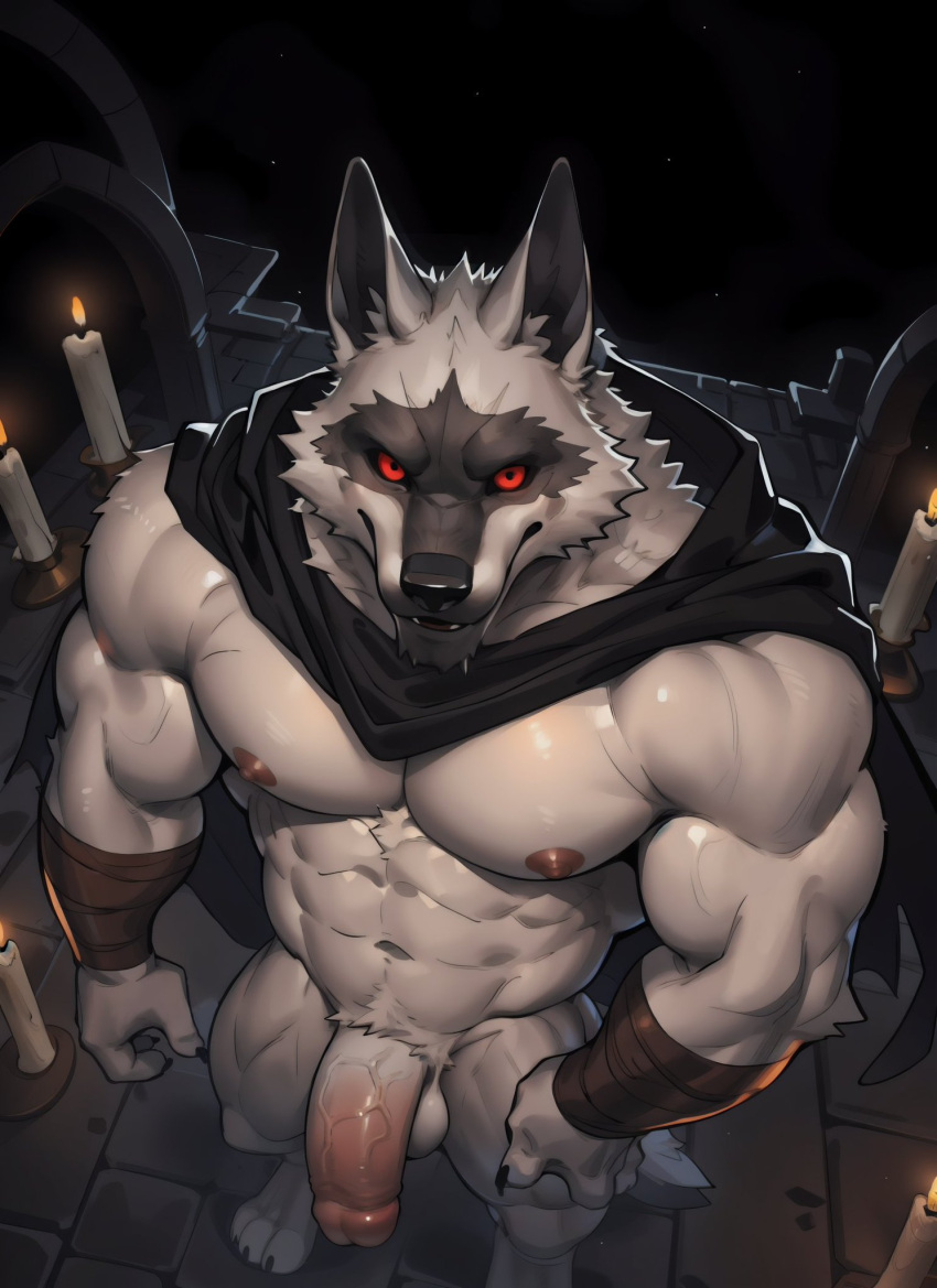 anthro balls canid canine canis death_(puss_in_boots) fur genitals grey_body grey_fur hi_res male mammal muscular nipples penis red_eyes red_penis solo unknown_artist wolf