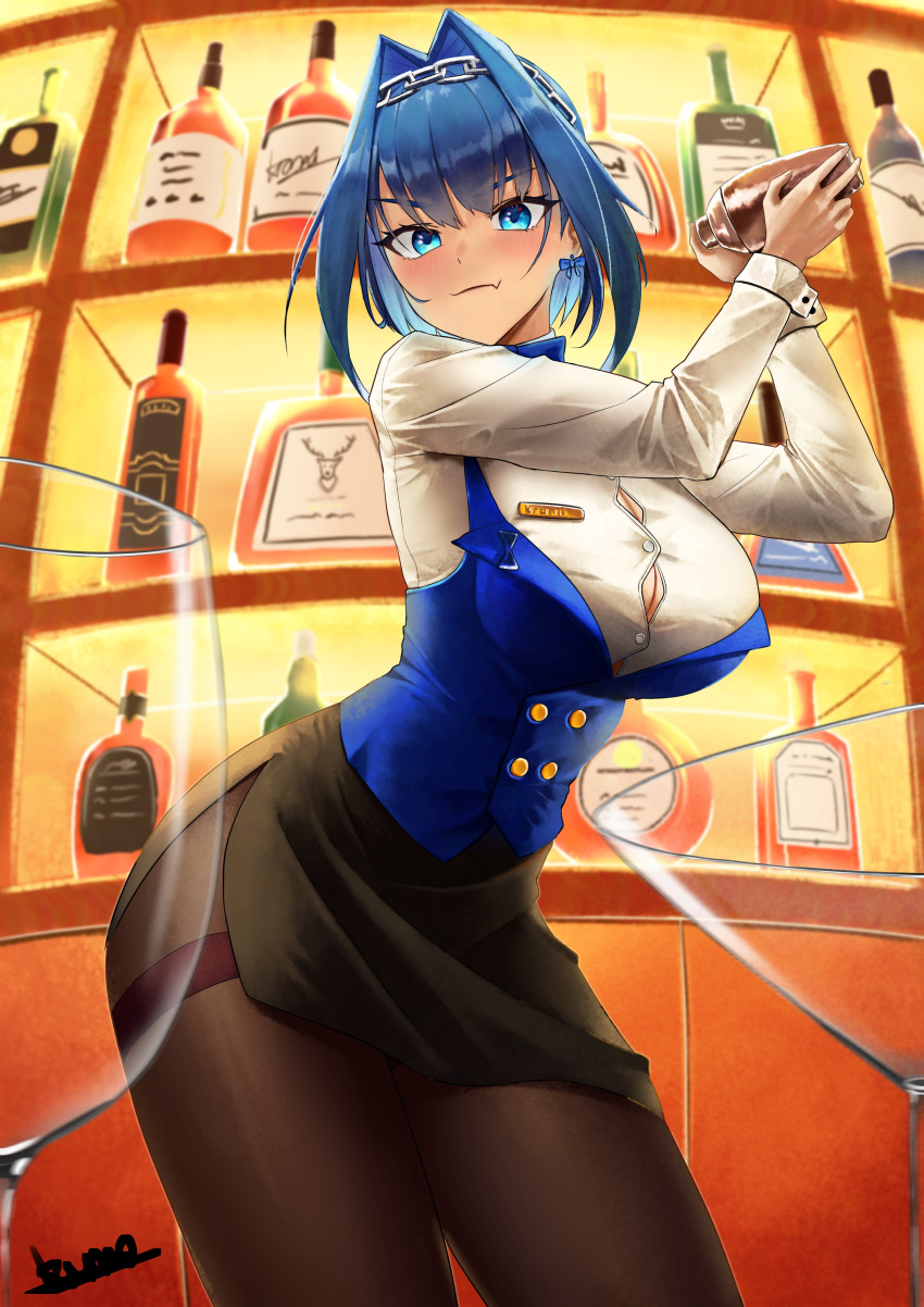 1girl absurdres alcohol bartender black_skirt blue_eyes blue_hair breasts brown_pantyhose chain cleavage closed_mouth cocktail_shaker fang hair_intakes highres holding_shaker hololive hololive_english kuraodo_0 large_breasts leaning_forward long_sleeves looking_at_viewer medium_hair ouro_kronii pantyhose skin_fang skirt smile solo virtual_youtuber whiskey white_wrist_cuffs