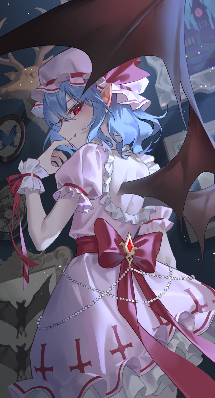 1girl absurdres bat_wings blue_hair bow closed_mouth dress hat highres jyuma looking_at_viewer looking_back mob_cap pink_dress pink_headwear red_bow red_eyes remilia_scarlet short_hair short_sleeves smile solo touhou wings wrist_cuffs