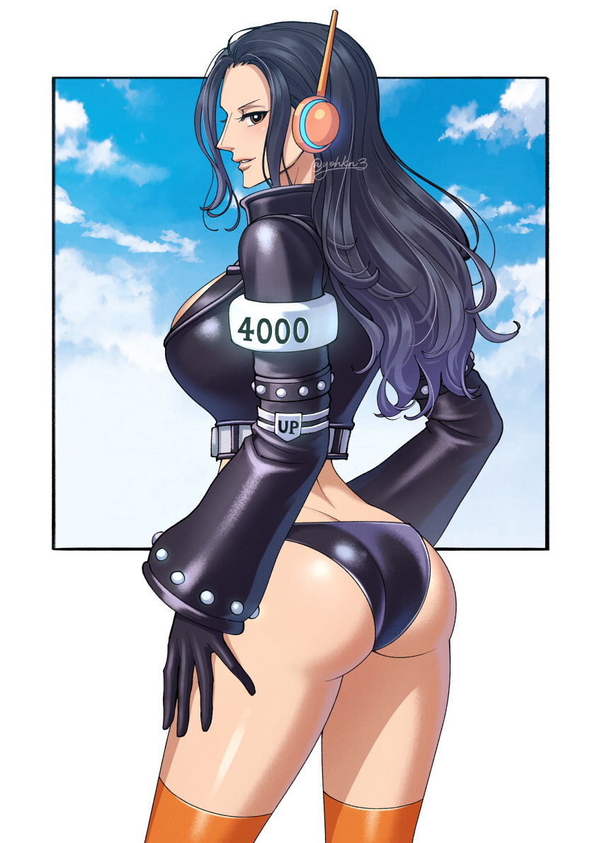 1girl arm_rest armlet artist_name ass bell_sleeves bikini black_bikini black_border black_gloves black_jacket blue_sky border cloud cloudy_sky crop_top ear_covers from_side gloves highres jacket long_hair long_sleeves looking_at_viewer looking_to_the_side midriff nico_robin one_piece orange_thighhighs outside_border parted_lips profile sideways_glance sideways_mouth signature sky solo standing studded studded_sleeves swimsuit thighhighs youkan_(tako)