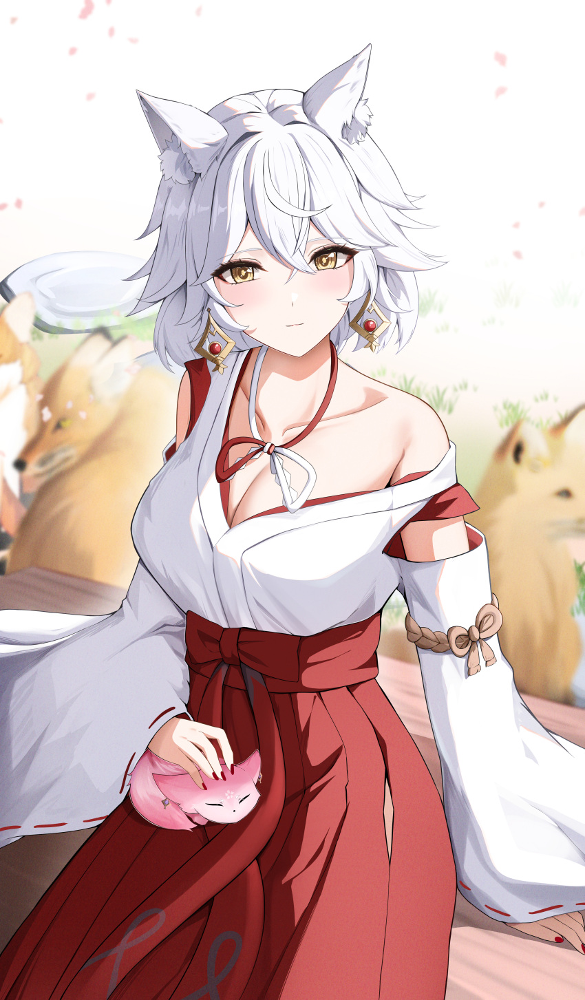 1girl absurdres animal_ears blush breasts closed_mouth detached_sleeves fox_ears fox_girl genshin_impact hair_between_eyes hair_tubes hakama hakama_short_skirt hakama_skirt highres japanese_clothes kimono kitsune_saiguu long_hair looking_at_viewer medium_breasts miko off_shoulder red_hakama ribbon-trimmed_sleeves ribbon_trim sitting skirt solo tabi torii white_hair white_kimono wide_sleeves yae_miko yae_miko_(fox) yellow_eyes yeni1871