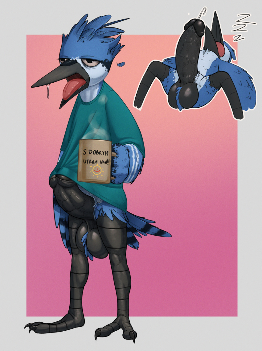 anthro avian balls beak beverage big_balls big_penis bird blue_jay bodily_fluids bottomless cartoon_network clothed clothing container corvid cup digital_media_(artwork) dripping erection eyes_closed feathers genital_fluids genitals hi_res holding_container holding_cup holding_object humanoid_genitalia humanoid_penis jay_(bird) lying male mordecai_(regular_show) morning_wood new_world_jay open_mouth oscine passerine penis precum precum_string regular_show shirt sleeping solo standing t-shirt tall_lizzard_(artist) tired tongue topwear