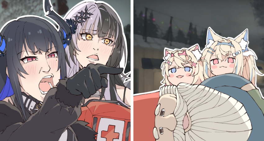 4girls :3 angry animal_ear_fluff animal_ears black_gloves black_hair blonde_hair blue_eyes blue_hair blush blush_stickers closed_mouth demon_horns dog_ears dog_girl first_aid_kit fuwawa_abyssgard garden_gnome gloves grey_hair hair_between_eyes hair_intakes hair_ornament hairclip highres hololive hololive_english horns kukie-nyan left_4_dead_2 long_hair meme mococo_abyssgard multicolored_hair multiple_girls nerissa_ravencroft open_mouth pink_eyes pink_hair pointing red_eyes shiori_novella short_hair sidelocks spaghetti_strap streaked_hair two-tone_hair upper_body woman_yelling_at_cat_(meme) yellow_eyes