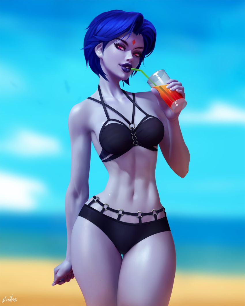 1girl abs artist_name beach black_bra black_panties blue_hair blue_sky bra colored_skin cup dc_comics drink evulchibi highres holding holding_cup looking_at_viewer ocean panties purple_eyes purple_skin raven_(dc) sand sky solo teen_titans underwear