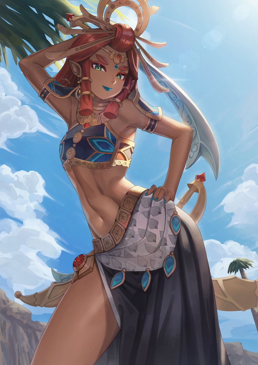 1girl absurdres blue_lips blue_nails blue_sky circlet dark-skinned_female dark_skin green_eyes hand_on_own_hip highres jewelry midriff navel pointy_ears red_hair riju sarong scimitar sky smile sword takinashi_(friend_coffee) the_legend_of_zelda the_legend_of_zelda:_tears_of_the_kingdom weapon weapon_on_back