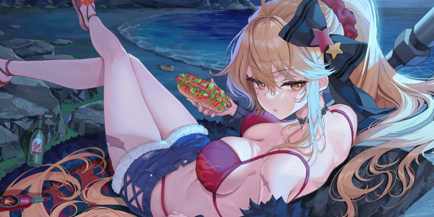 1girl bare_shoulders beach bikini black_bow black_choker black_cloak blonde_hair blue_shorts bottle bow breasts choker cloak closed_mouth crossed_legs fingernails flame_print fur-trimmed_cloak fur-trimmed_shorts fur_trim hair_between_eyes hair_bow hair_ornament highres holding hot_dog hot_sauce kirisame_marisa kirisame_marisa_(witch_of_scarlet_dreams) kirisame_marisa_(witch_of_scarlet_dreams_on_vacation) lips looking_at_viewer looking_to_the_side medium_breasts non-web_source ocean off_shoulder official_art okuma_mai ponytail red_bikini red_scrunchie rock sandals scar scrunchie second-party_source shorts solo star_(symbol) star_hair_ornament swimsuit touhou touhou_lost_word water yellow_eyes
