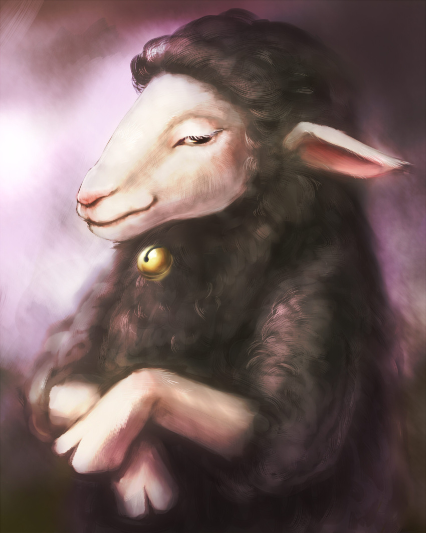 animal animal_focus bell black_eyes black_sheep closed_mouth eyelashes highres hooves jingle_bell jioko_(ckraud) mabinogi no_humans pan_(mabinogi) sheep smile solo wool