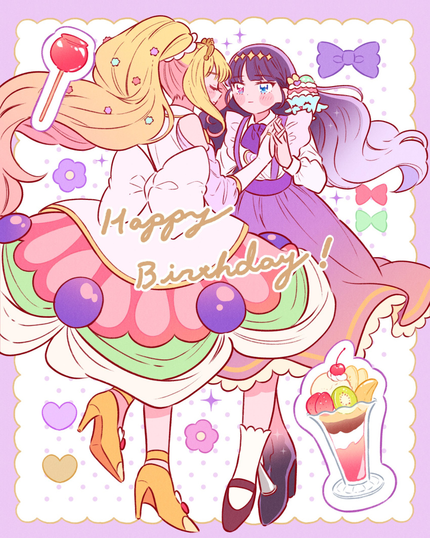 2girls absurdres black_hair blonde_hair blunt_bangs blush border bow closed_eyes closed_mouth clothing_cutout cure_finale delicious_party_precure dress english_text food frills gloves hair_ornament happy_birthday heart heterochromia high_heels highres holding_hands huge_bow kasai_amane kiocotton long_hair magical_girl multiple_girls parfait parfait_recipipi precure purple_border shoulder_cutout socks sparkle_hair_ornament standing tiara white_socks wide_ponytail