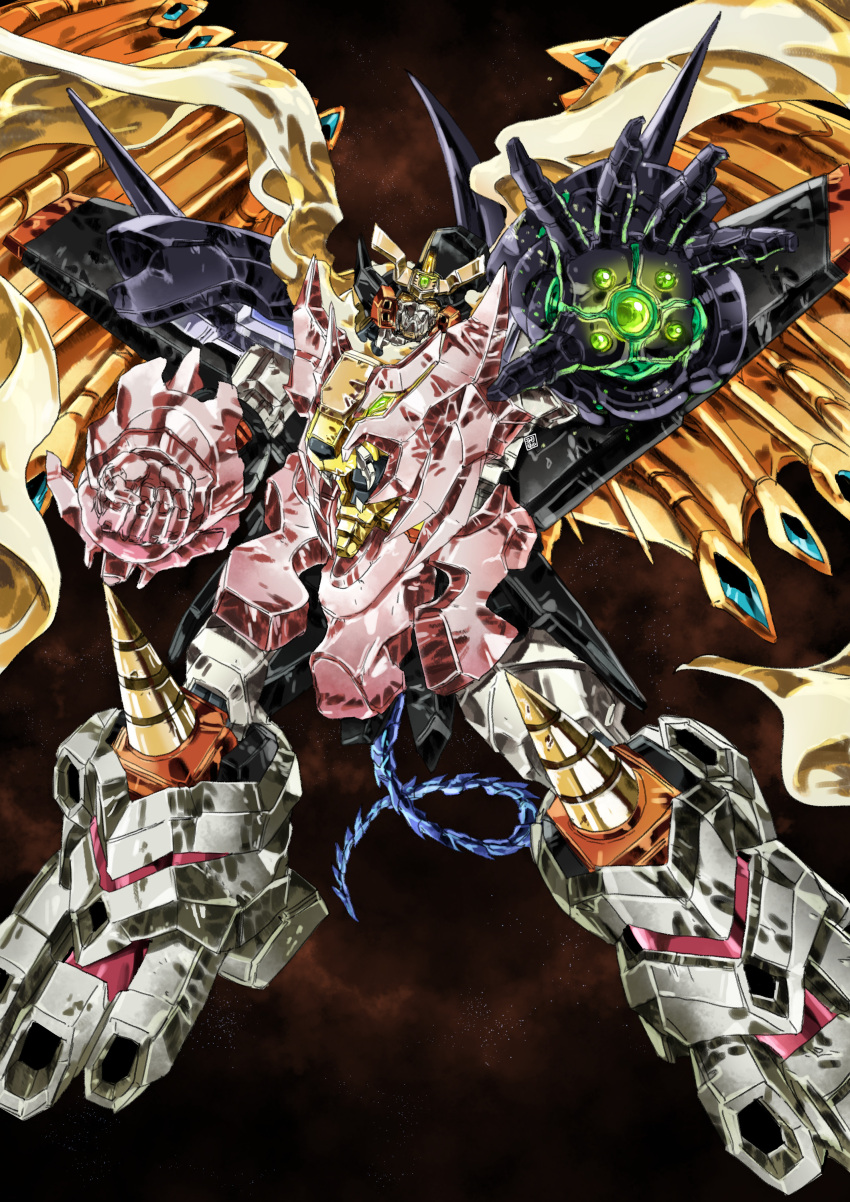absurdres betterman betterman_cataphract clenched_hand fusion gaogaigar garimpeiro hakaiou:_gaogaigar_vs._betterman highres looking_at_viewer mecha mechanical_wings no_humans open_hand orange_eyes outstretched_arm robot science_fiction space super_robot v-fin wings yuusha_ou_gaogaigar yuusha_series