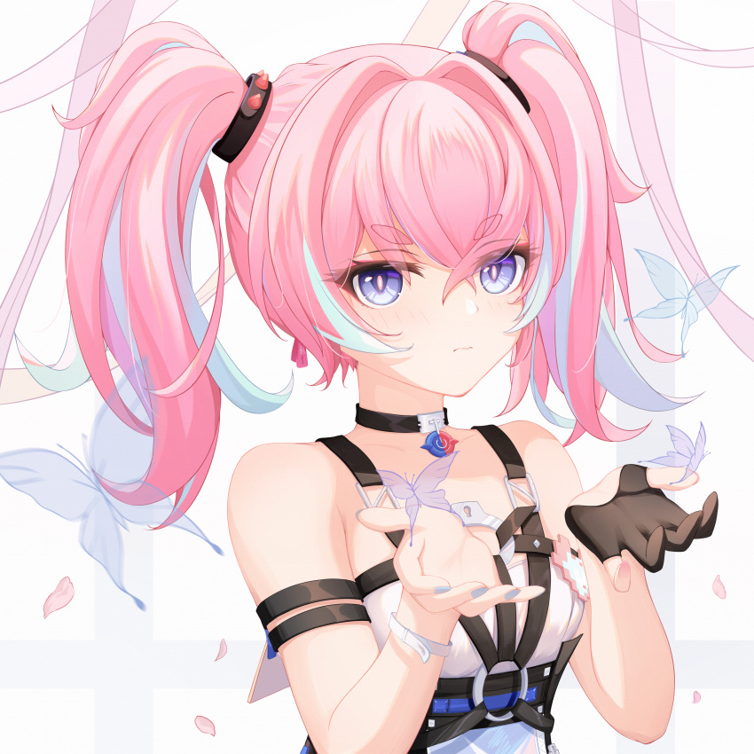 1girl absurdres bare_shoulders black_gloves blackheart` blue_butterfly blue_eyes blue_hair bug butterfly chinese_commentary choker closed_mouth commentary commentary_request dress gloves hair_between_eyes highres honkai_(series) honkai_impact_3rd looking_at_viewer multicolored_hair petals pink_hair pink_pupils rozaliya_olenyeva rozaliya_olenyeva_(fervent_tempo) single_glove sleeveless sleeveless_dress solo streaked_hair twintails upper_body white_background white_dress