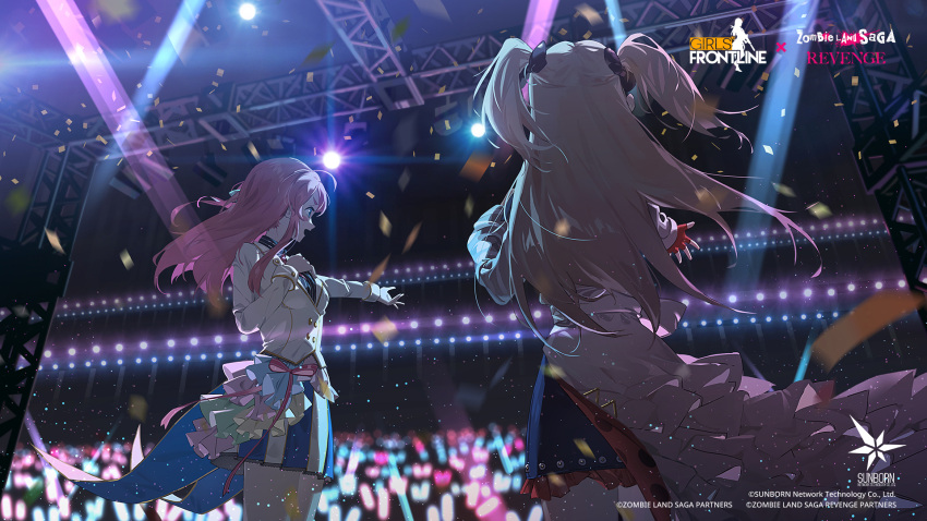 2girls artist_request audience black_bow black_shirt blonde_hair blue_eyes blue_skirt bow buttons commentary company_name copyright_name crossover double-breasted english_commentary fingerless_gloves from_behind girls'_frontline gloves glowstick hair_bow highres hk21_(chain_breaker)_(girls'_frontline) hk21_(girls'_frontline) idol jacket long_hair long_sleeves minamoto_sakura multicolored_clothes multicolored_skirt multiple_girls official_alternate_costume official_art open_mouth outstretched_hand pink_hair promotional_art red_gloves shirt skirt smile stage stage_lights twintails very_long_hair white_jacket white_skirt zombie_land_saga