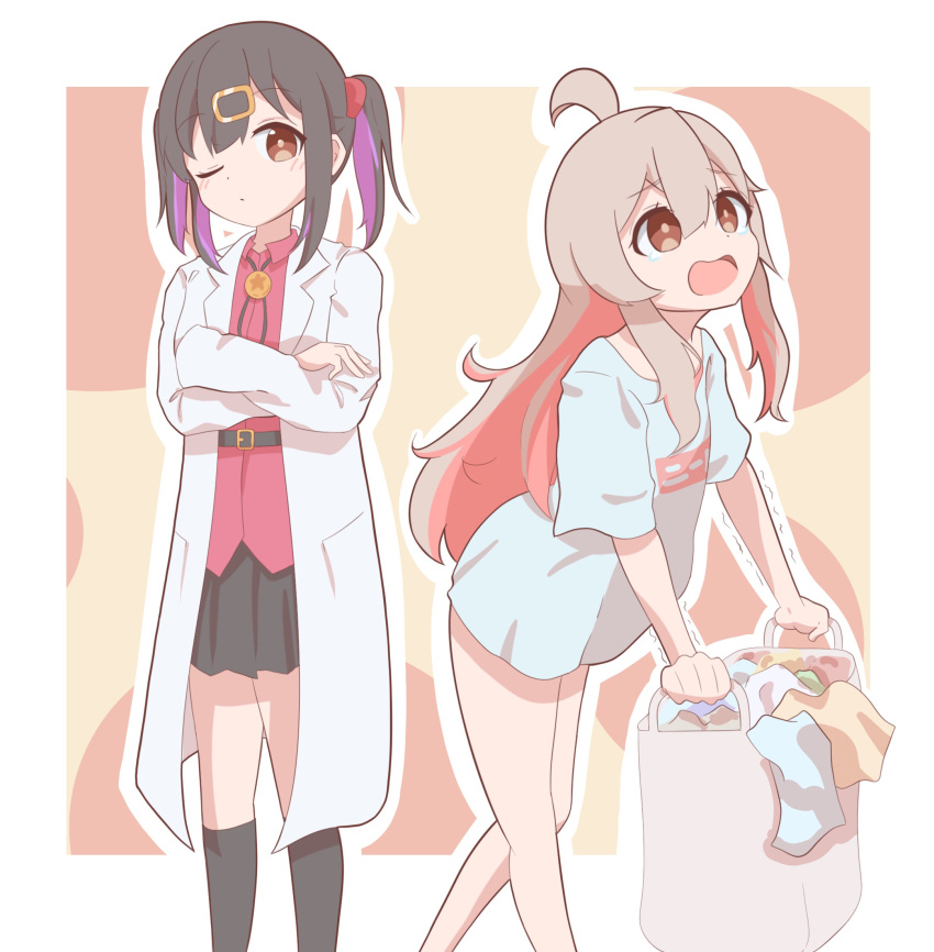 2girls :o ahoge bag bare_legs belt black_hair black_skirt black_socks bolo_tie brown_eyes colored_inner_hair commentary crossed_arms grey_hair hair_between_eyes hair_ornament hairclip heavy highres holding holding_bag kneehighs kokoaalala33 lab_coat long_hair long_sleeves looking_at_viewer medium_hair multicolored_hair multiple_girls no_pants one_eye_closed onii-chan_wa_oshimai! open_mouth outline oyama_mahiro oyama_mihari pink_hair purple_hair red_shirt shirt short_sleeves siblings simple_background sisters skirt socks t-shirt tears trembling twintails two-tone_hair untucked_shirt white_outline white_shirt