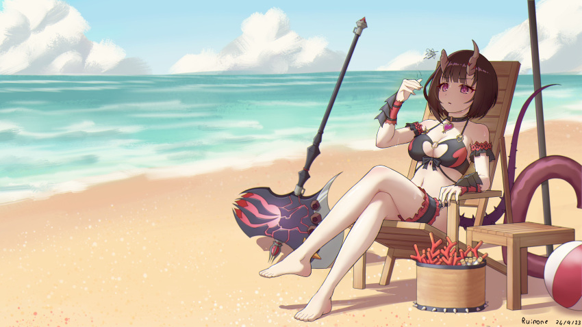 +_+ 1girl absurdres artist_name axe bare_shoulders beach bikini black_hair breasts broken_horn chair choker cleavage cloud collarbone crossed_legs dated day demon_horns eriko_(princess_connect!) eriko_(summer)_(princess_connect!) heart heart_choker highres horns large_breasts multi-strapped_bikini_top o-ring o-ring_bikini o-ring_top ocean outdoors princess_connect! purple_eyes purple_tail ruinone short_hair sitting spiked_tail swimsuit tail thigh_strap two-tone_bikini