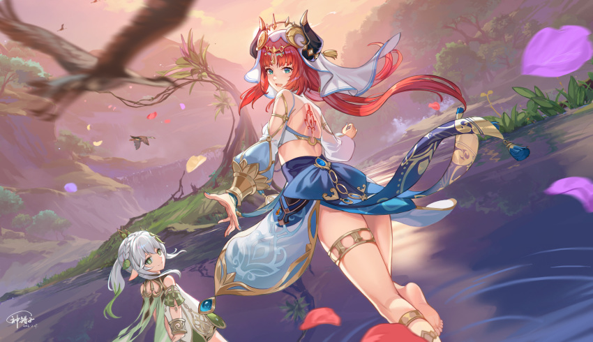 2girls absurdres aqua_eyes aqua_nails arms_behind_back back_tattoo barefoot bird blue_veil bracer breasts brooch cape crop_top detached_sleeves dress fake_horns genshin_impact god_hunter gold_trim gradient_hair green_cape green_eyes hair_ornament harem_outfit highres horns jewelry lake long_hair long_sleeves looking_at_viewer mountainous_horizon multicolored_hair multiple_girls nahida_(genshin_impact) nail_polish nilou_(genshin_impact) parted_bangs pointy_ears puffy_long_sleeves puffy_sleeves red_hair scenery side_ponytail sidelocks sleeveless smile tattoo thighlet tree white_dress white_hair white_headdress white_veil