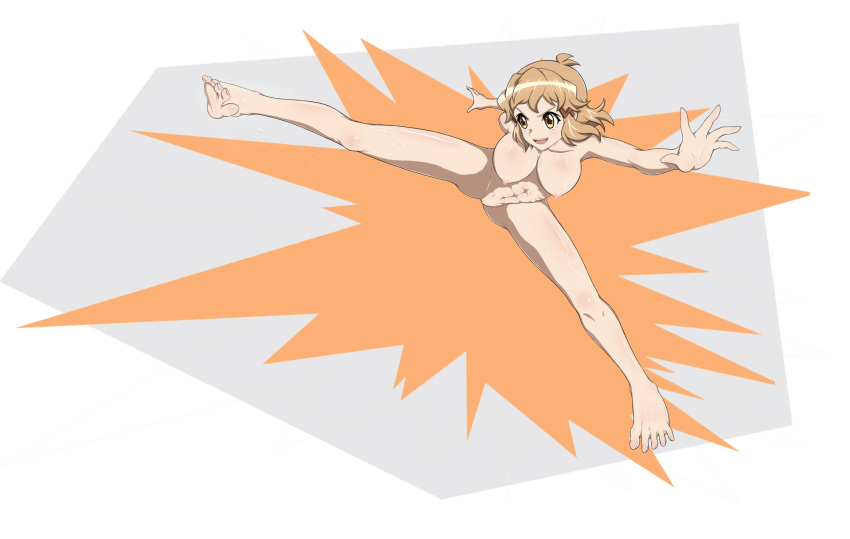 1girl abs absurdres barefoot breasts completely_nude hair_ornament hairclip highres hty1803063037 kicking muscular muscular_female navel nipples nude open_mouth senki_zesshou_symphogear short_hair smile soles solo tachibana_hibiki_(symphogear) toes yellow_eyes
