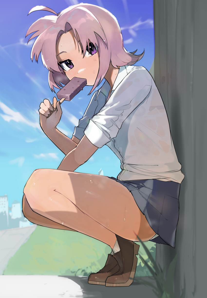 100_percent_orange_juice 1girl absurdres bare_legs blue_skirt blue_sky brown_footwear commentary_request commission eating food full_body highres ice_cream legs outdoors panties pantyshot popsicle purple_eyes purple_hair shirt skirt sky solo squatting tomomo_(orange_juice) tomomo_(sweet_eater) toufu_(tofu_prprpr) underwear white_panties white_shirt