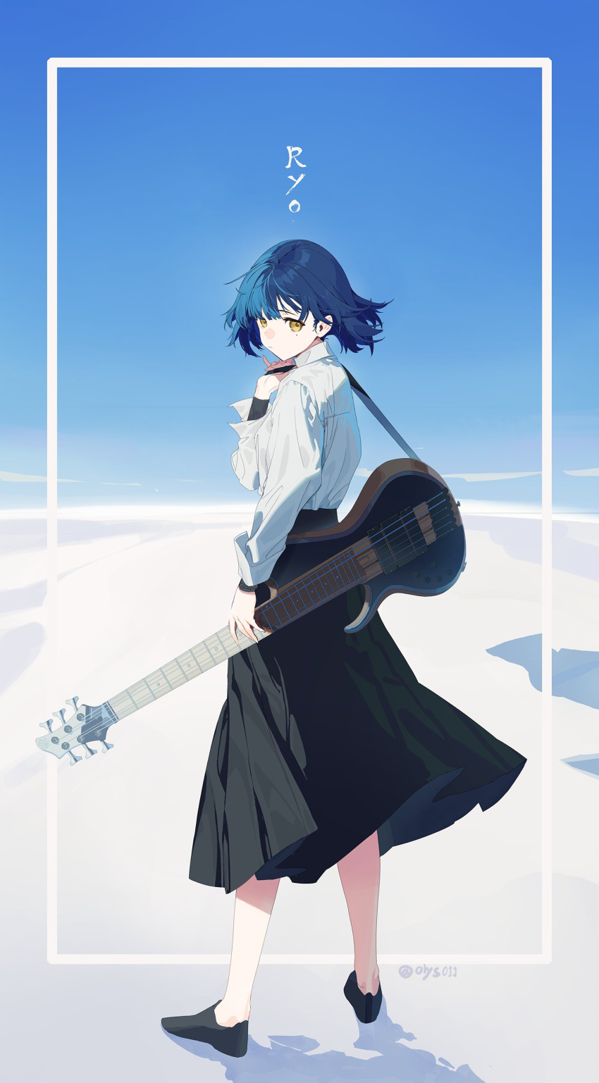 1girl absurdres black_footwear black_skirt blue_hair bocchi_the_rock! character_name closed_mouth collared_shirt commentary electric_guitar full_body guitar highres instrument long_sleeves mole mole_under_eye olys shirt shoes short_hair skirt solo standing twitter_username white_shirt yamada_ryo yellow_eyes