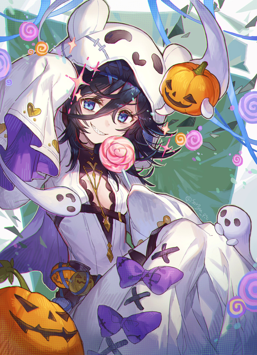 1girl alternate_costume black_hair blue_eyes breasts candy cleavage feet_out_of_frame food ghost granblue_fantasy halloween halloween_costume highres holding holding_candy holding_food holding_lollipop hood hood_up jack-o'-lantern knees_together_feet_apart lich_(granblue_fantasy) lollipop sharp_teeth sleeves_past_fingers sleeves_past_wrists smile solo soriya teeth