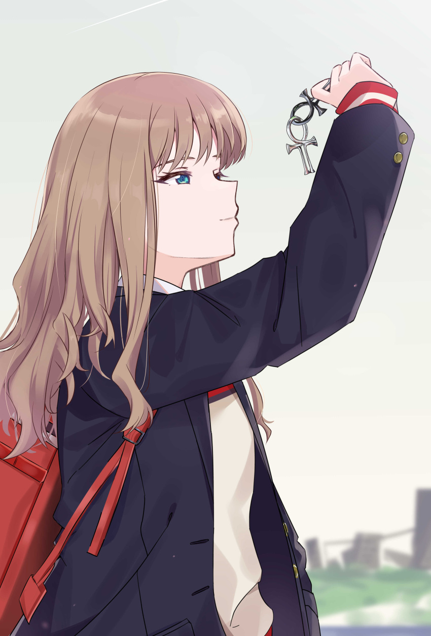 1girl absurdres accessories ankh backpack bag black_jacket blue_eyes brown_hair gridman_universe hand_up highres jacket long_hair looking_at_another minami_yume sky smile solo ssss.dynazenon sweater upper_body wasi