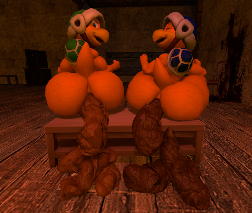 3d_(artwork) anthro armor big_butt boomerang_bro bottomless bottomless_male butt castle chair clothed clothing digital_media_(artwork) dirty_butt duo feces furniture group_poop hammer_bro headgear helmet hi_res koopa koopa_troopa looking_at_viewer male mario_bros nintendo partially_clothed pooping pooping_on_floor relieved reptile scalie scat shell source_filmmaker tecbuttlovefa thick_thighs turtle wide_hips
