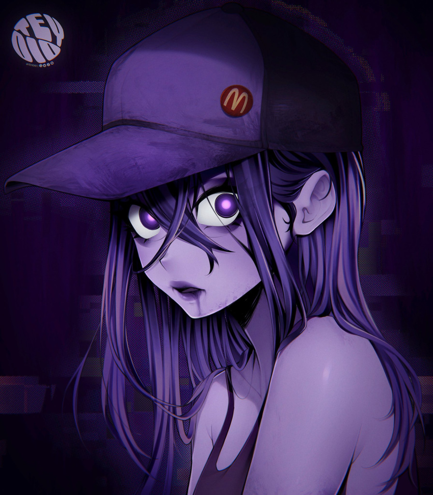 1girl armpit_crease baseball_cap colored_skin commentary drooling from_side grimace_shake_(meme) hair_behind_ear hair_between_eyes hat highres looking_at_viewer mcdonald's meme original purple_eyes purple_hair purple_skin purple_tank_top solo tank_top teyoid