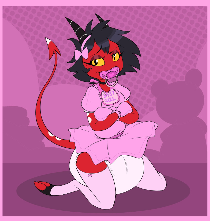 clean_diaper clothed clothing cuddlehooves demon diaper digital_media_(artwork) dress female hair helluva_boss hi_res imp infantilism millie_(helluva_boss) object_in_mouth pacifier pacifier_in_mouth red_body simple_background solo tail wearing_diaper