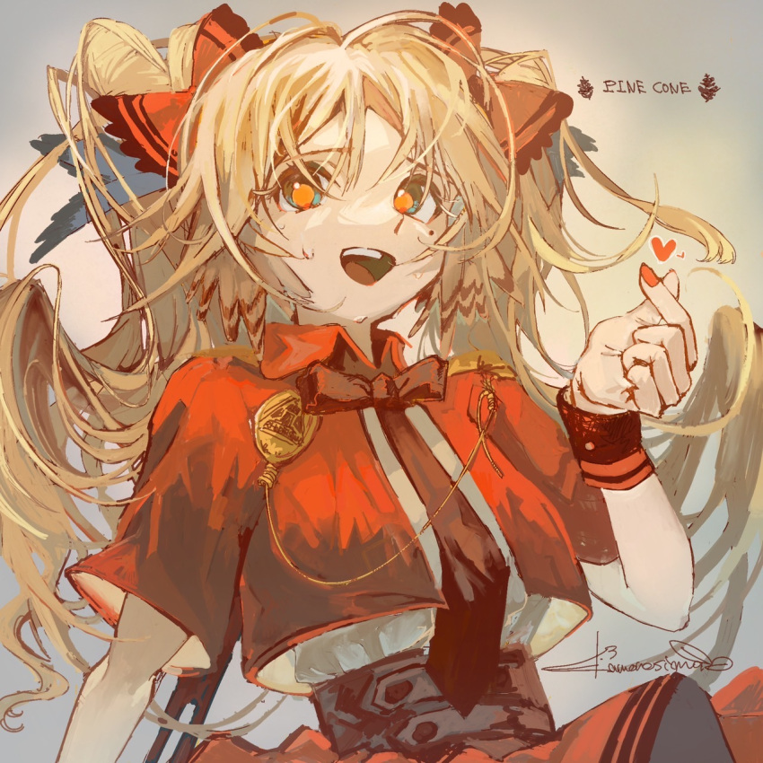 1girl arknights belt black_belt black_necktie blonde_hair blue_eyes bow character_name collared_jacket commentary_request feather_hair finger_heart floating_hair gradient_background grey_background hair_bow hand_up heart highres idol_clothes jacket kamonoshima long_hair looking_at_viewer messy_hair mole mole_under_eye multiple_hair_bows necktie open_clothes open_jacket open_mouth orange_pupils partial_commentary pinecone_(arknights) pinecone_(sing_a_song)_(arknights) pocket_watch red_bow red_jacket red_nails red_skirt shirt short_sleeves shoulder_boards signature skirt smile solo sweat teeth twintails two-tone_eyes upper_body upper_teeth_only watch white_shirt wrist_cuffs