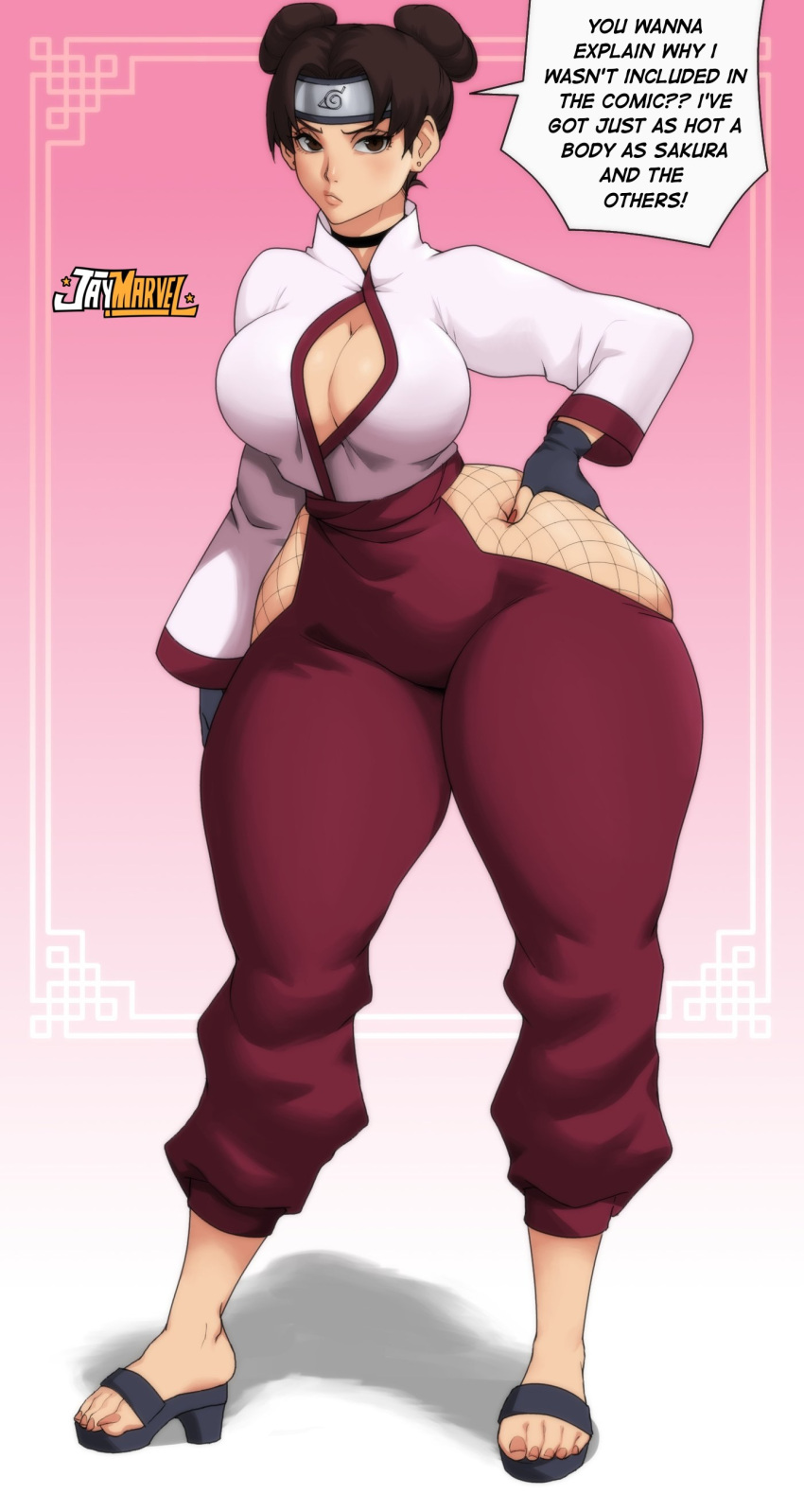 1girl absurdres breasts feet highres jay_marvel lips looking_at_viewer naruto naruto_(series) solo tenten_(naruto) thick_thighs thighs toes wide_hips