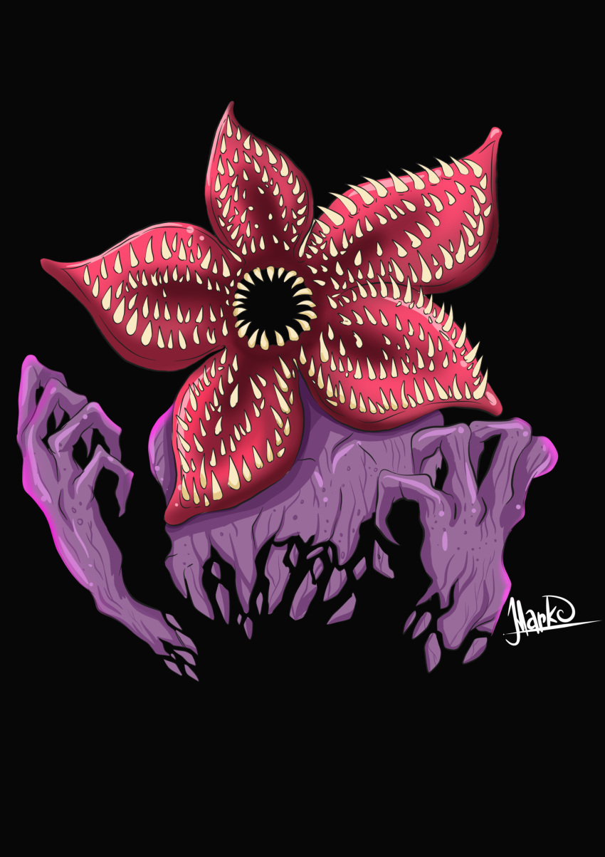 2018 4_fingers absurd_res ambiguous_gender black_background black_mouth bust_portrait colored crumbling demogorgon digital_drawing_(artwork) digital_media_(artwork) fingers hi_res humanoid jawless markoriginals monster monstrous_humanoid multi_teeth open_mouth portrait purple_body purple_skin sharp_teeth signature simple_background solo stranger_things teeth text textless white_text yellow_teeth