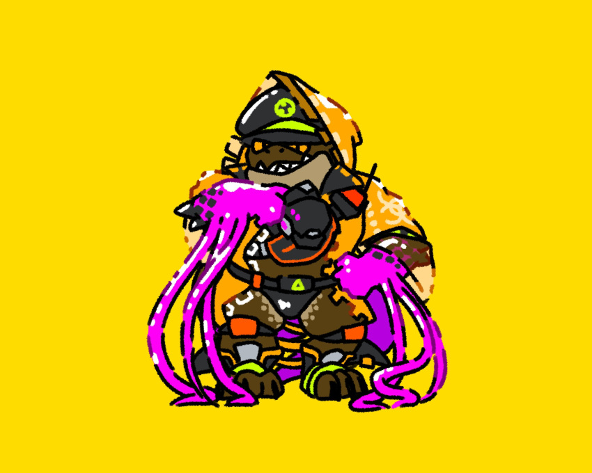 1boy bara belt chibi colored_sclera colored_skin commentary full_body furry furry_male hastur_(housamo) hat highres hood hood_up jacket knee_pads looking_at_viewer male_focus mask mask_removed purple_skin reptile_boy sharp_teeth simple_background solo teeth tentacles tetras tokyo_afterschool_summoners yellow_background yellow_jacket yellow_sclera