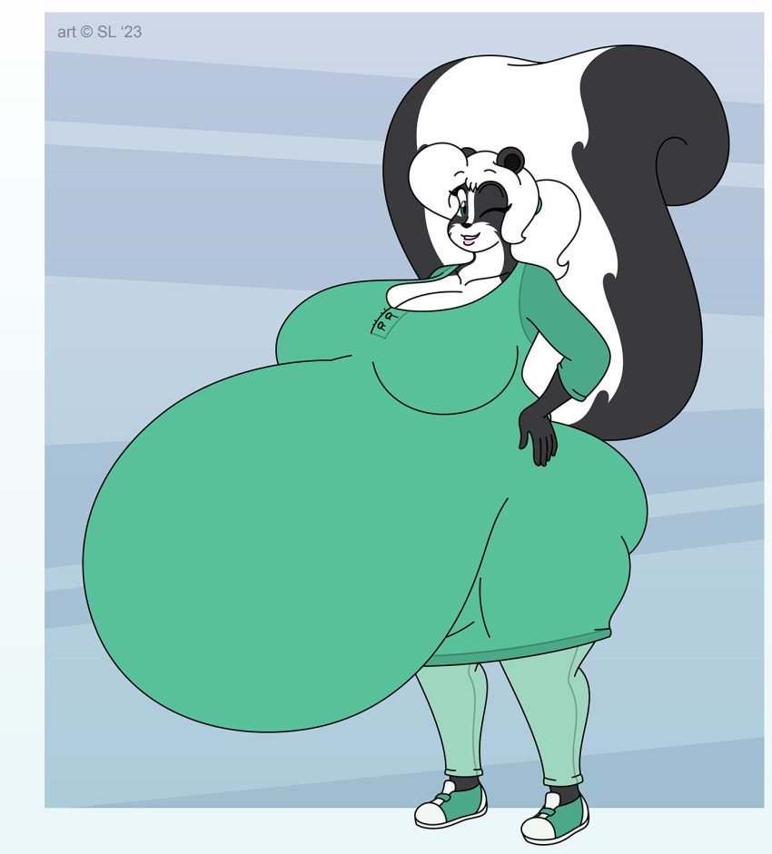 2023 anthro belly big_belly big_breasts big_butt black_body black_fur bottomwear breasts butt clothing copyright_symbol digital_media_(artwork) female footwear fur green_eyes hair hand_on_hip hi_res huge_belly huge_breasts hyper hyper_belly hyper_pregnancy looking_at_viewer mammal mephitid multicolored_body multicolored_fur one_eye_closed pants ponytail pregnant satsumalord shoes skunk smile smiling_at_viewer sneakers solo stacy_(satsumalord) symbol thick_thighs two_tone_body two_tone_fur white_body white_fur white_hair wink winking_at_viewer