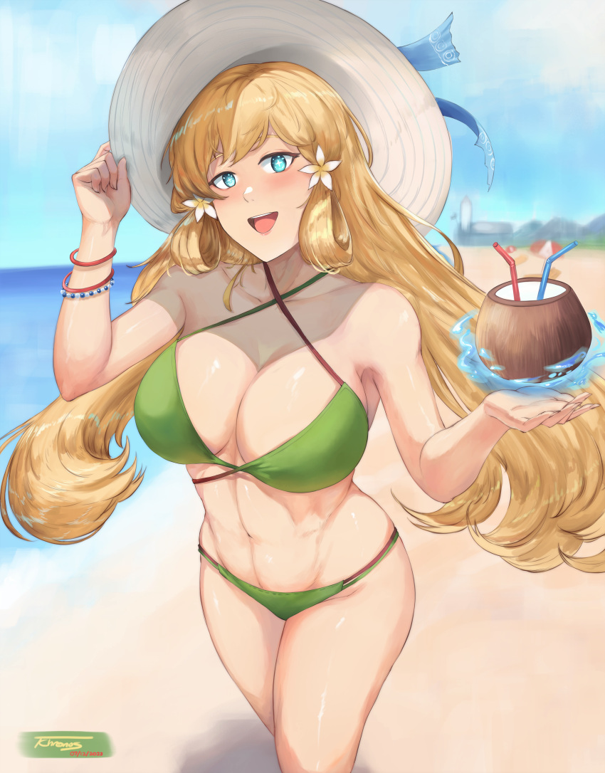 1girl :d absurdres bare_arms bare_shoulders beach bikini blonde_hair blue_eyes blue_sky breasts cleavage coconut commentary cowboy_shot criss-cross_halter day drinking_straw fire_emblem fire_emblem_heroes green_bikini halterneck hands_up hat highres large_breasts long_hair looking_at_viewer navel ocean official_alternate_costume open_mouth outdoors sky smile solo standing stomach sun_hat swimsuit tempurachronos thighs very_long_hair water white_headwear ymir_(fire_emblem_heroes) ymir_(summer)_(fire_emblem_heroes)