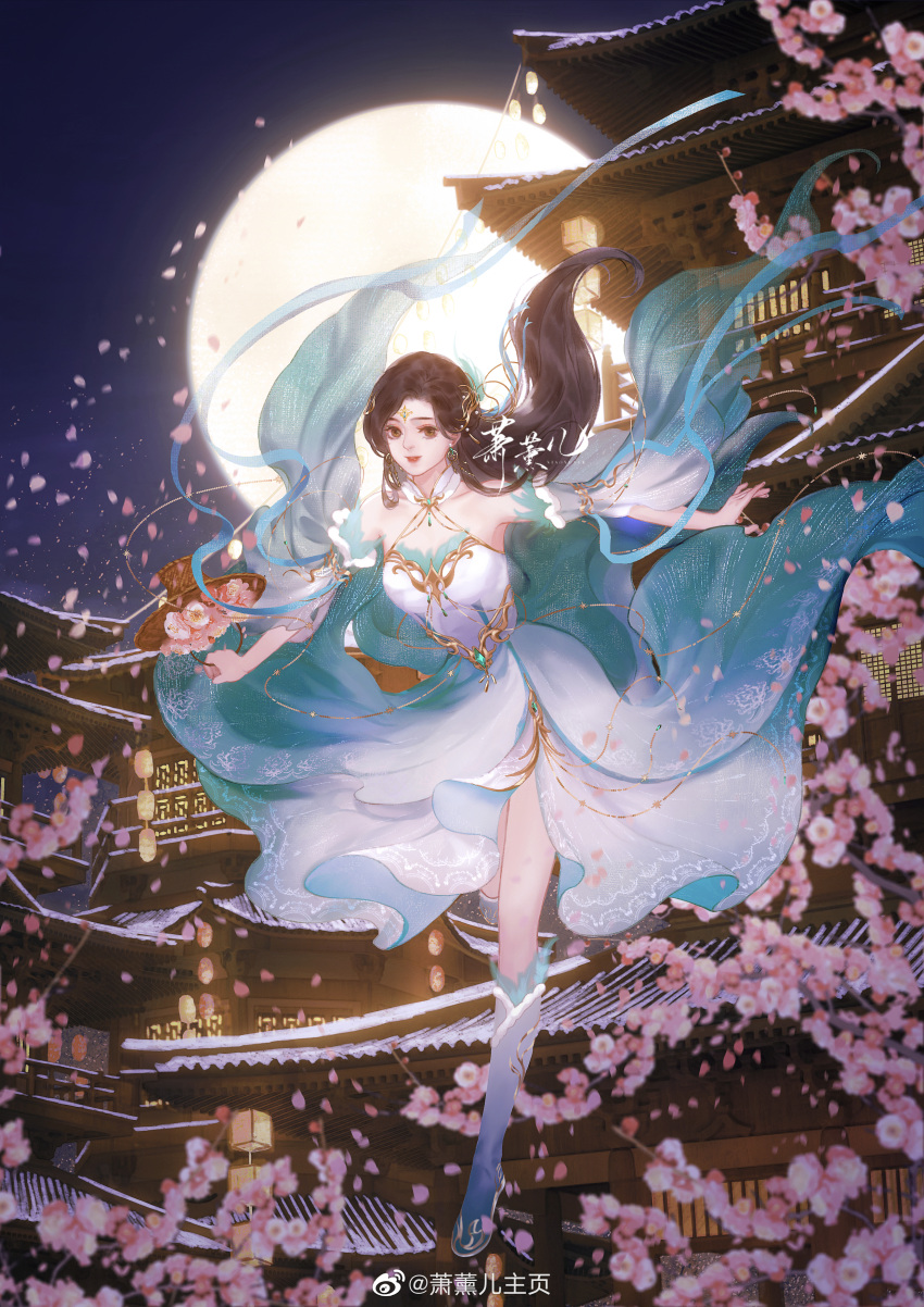 1girl absurdres architecture basket brown_hair cherry_blossoms doupo_cangqiong dress earrings east_asian_architecture facial_mark falling falling_petals forehead_mark full_body gradient_dress gradient_footwear gu_xun_er_(doupo_cangqiong) hair_ornament highres holding holding_basket jewelry leg_up long_hair moon night petals second-party_source solo yin_shi_zhihua