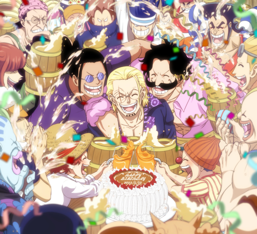 alcohol beer beer_can birthday_cake buggy_the_clown cake can crocus food glasses gol_d._roger hat highres kouzuki_oden male_focus musasabiop oda_eiichirou_(style) one_piece party scopper_gaban shanks_(one_piece) silvers_rayleigh smile straw_hat