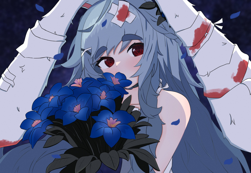 1girl @_@ absurdres ahoge animal_ears bandages black_choker blood blood_stain blue_hair blush bouquet choker covering_mouth dot_nose dress flower hair_ornament head_tilt highres indie_virtual_youtuber leaf leaf_on_head light_blue_hair long_hair lop_rabbit_ears noiriririri para_(vtuber) rabbit_ears rabbit_girl red_eyes spaghetti_strap sundress thick_eyebrows upper_body very_long_hair virtual_youtuber white_dress x_hair_ornament