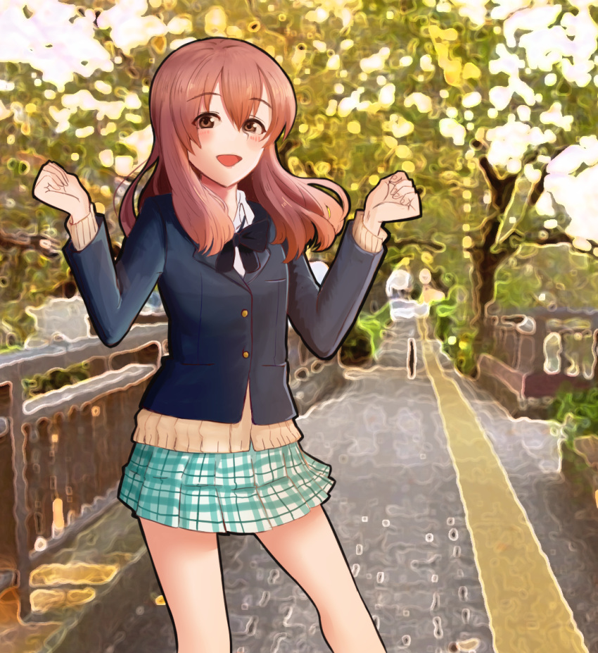 1girl :d blue_bow blue_bowtie blue_jacket bow bowtie bridge brown_eyes brown_hair green_skirt highres jacket koe_no_katachi long_hair long_sleeves looking_at_viewer moshi_(king_of_kebabu) nishimiya_shouko open_mouth outdoors plaid plaid_skirt school school_uniform skirt smile tree uniform