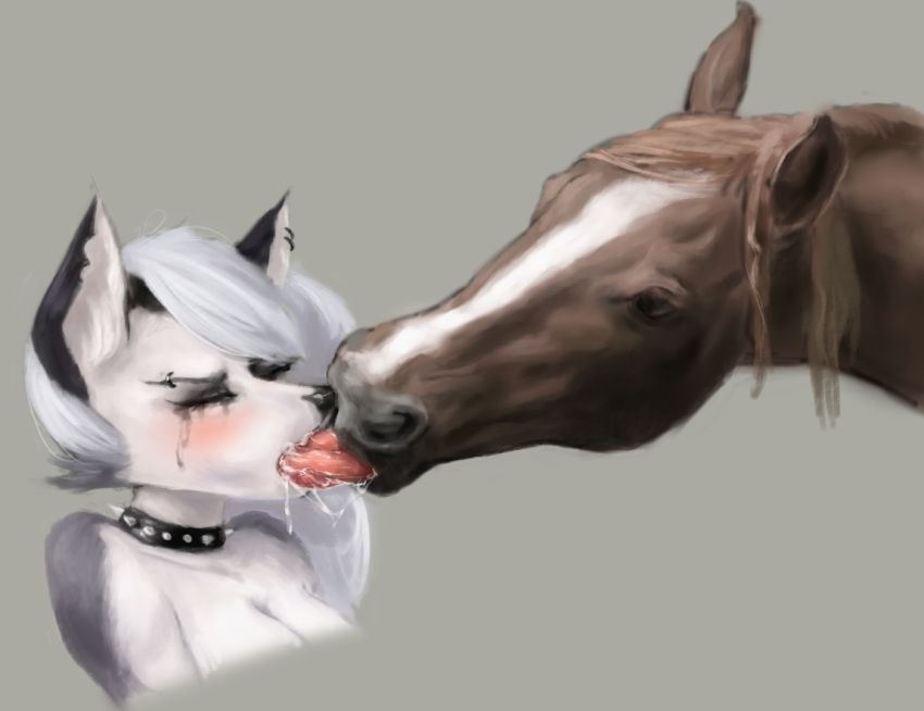 2023 ambiguous_gender bestiality bestiality_kiss black_nose bodily_fluids brown_body brown_fur canid canine choker collar digital_media_(artwork) digital_painting_(artwork) dripping drooling ear_piercing equid equine eyes_closed female female/ambiguous feral french_kissing fur hair helluva_boss horse jewelry kissing loona_(helluva_boss) mammal necklace piercing running_makeup saliva saliva_drip saliva_string simple_background sloppy_kiss spiked_collar spikes tongue tongue_out white_body white_fur white_hair zyumin
