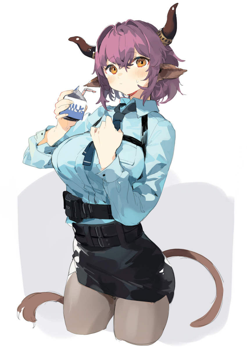 1girl adjusting_clothes adjusting_necktie animal_ears arknights belt black_belt black_skirt blue_necktie blue_shirt breasts collared_shirt cow_ears cow_girl cow_horns cow_tail cowboy_shot drink drinking_straw highres holding holding_drink horns large_breasts looking_at_viewer milk milk_carton miniskirt necktie pantyhose pencil_skirt purple_hair sh_(562835932) shirt short_hair sideroca_(arknights) simple_background skirt solo tail yellow_eyes