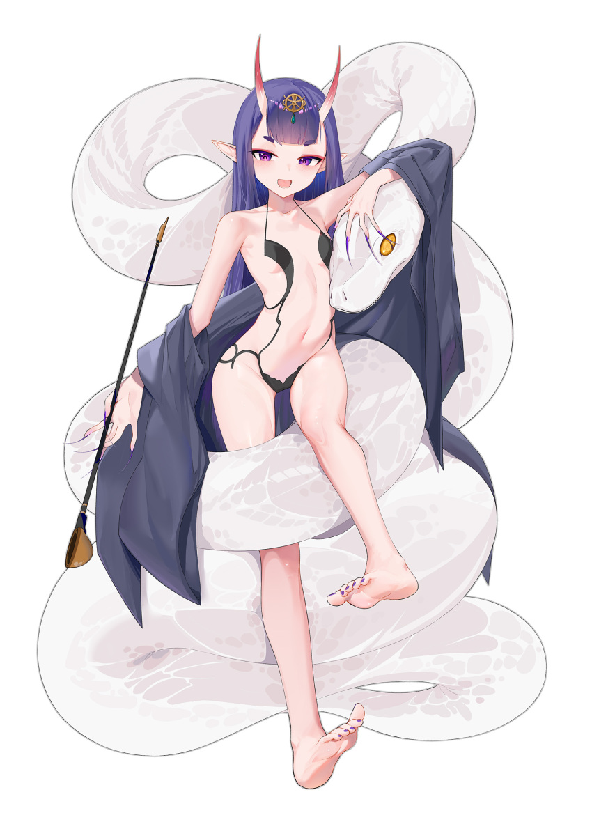 1girl absurdres alternate_hair_length alternate_hairstyle animal bare_arms bare_shoulders barefoot bikini black_kimono blunt_bangs center-flap_bangs chinese_commentary commentary_request fate/grand_order fate_(series) fingernails full_body gradient_horns groin hair_between_horns highres hikimayu holding holding_smoking_pipe horns japanese_clothes kimono kimono_partially_removed kiseru long_fingernails multicolored_horns nail_polish navel oni_horns open_clothes open_kimono oversized_animal petite purple_hair purple_nails red_horns revealing_clothes sharp_fingernails shuten_douji_(fate) simple_background skin-covered_horns smoking_pipe snake stomach swimsuit thick_eyebrows toenail_polish toenails white_bikini wo_chi_xiangjiao_pi