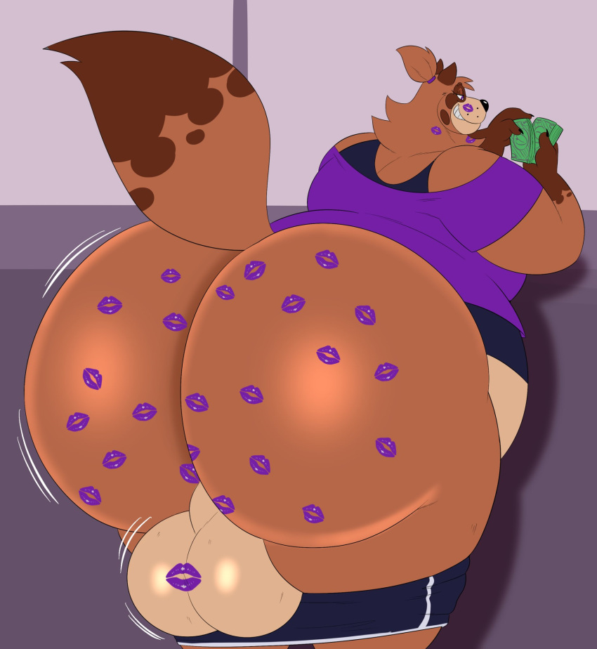 anthro backsack balls big_balls big_butt bottomwear brown_body brown_fur bubble_butt butt canid canine clothed clothing fur genitals hair hi_res huge_butt hyper hyper_butt kiss_mark male mammal megacoolbear_(artist) money overweight overweight_anthro overweight_male partially_clothed perineum ponytail purple_clothing purple_topwear raccoon_dog shorts shorts_down solo tanuki thick_thighs topwear wide_hips